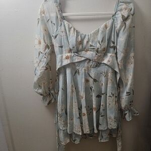 Floral Long-Sleeve Babydoll Dress - Light Blue